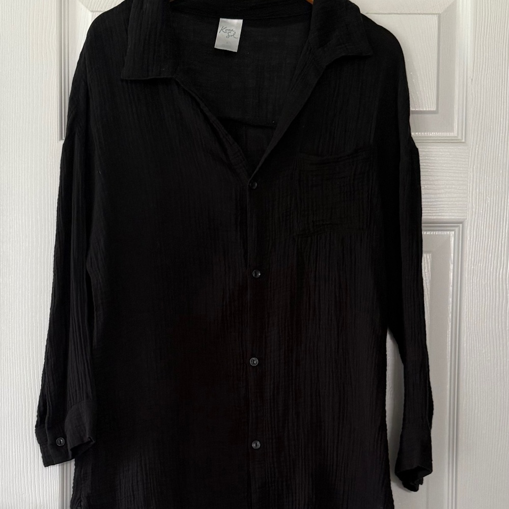 Kona Sol Black Gauze Button-Up Shirt – Lightweight linen  100% Cotton